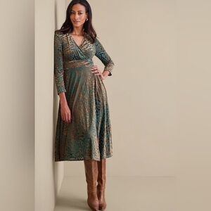 Soft Surroundings Green and Gold Animal-Print Wrap Midi Dress